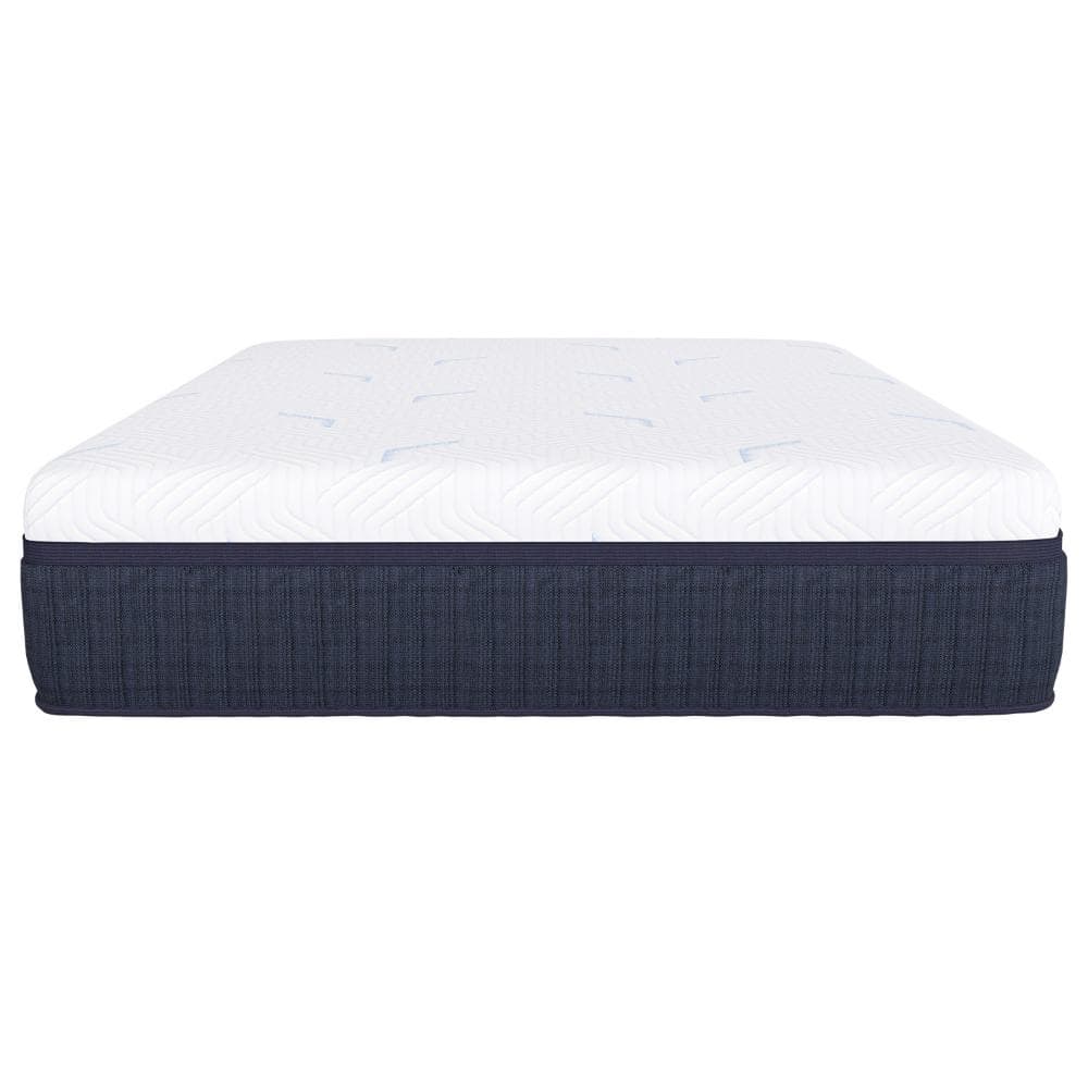 A studio shot showcases Southerland's Palisades Mattress with a white top featuring subtle waves and dark blue sides with a textured design, all against a plain white background.