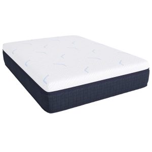 The Promenade Mattress from Southerland features a plush, white top with subtle blue patterns on a dark blue base and is finished with neatly textured edges against a white background.
