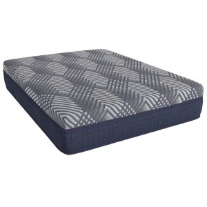 The Southerland's Silverton Mattress features a plush appearance with intersecting diagonal and circular lines forming a geometric pattern in gray and black on the top surface, highlighted by a dark blue fabric border.