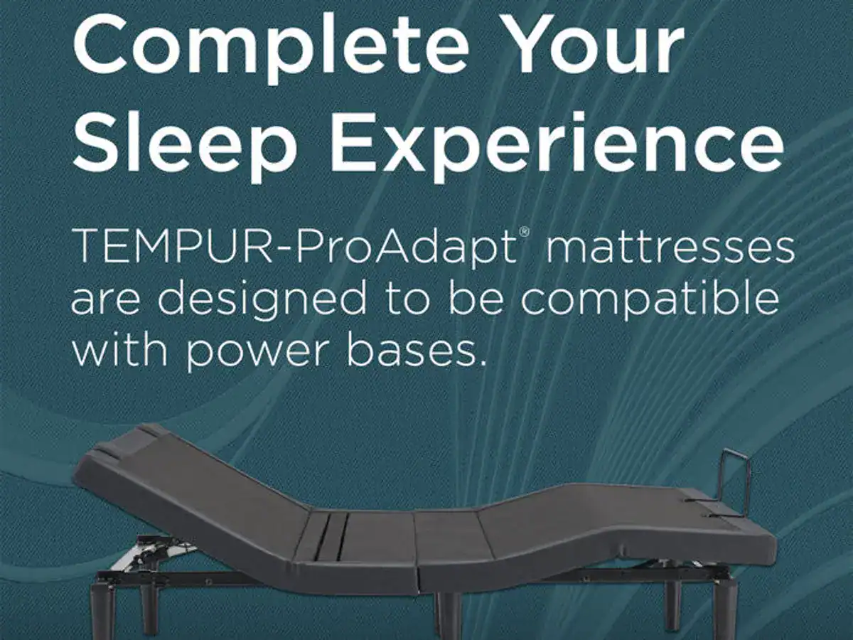 An advertisement showcasing a Tempur-Pedic TEMPUR-ProAdapt® 12" Soft Mattress on an adjustable power base with the text "complete your sleep experience" in white and aqua background.
