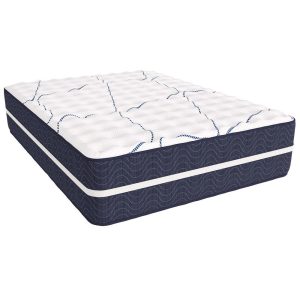 The Kinman Firm 2 Sided mattress features a plush, quilted white top with blue wavy patterns and dark blue sides. Its reversible design allows rotation and flipping for lasting comfort and support.