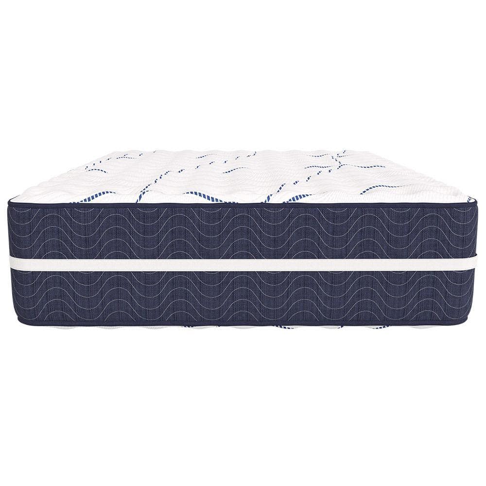 The Kinman Firm 2 Sided mattress features a dark blue side panel with a wave pattern and thin white stripe, and a white top with a subtle texture. Its firm design ensures enduring support, while its 2-sided nature allows for easy rotating and flipping for lasting comfort.