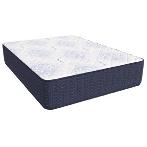 The Southgate Firm 2-Sided mattress features a white, quilted top adorned with light blue floral patterns and a navy side with a wavy design, angled to accentuate its thickness and robust construction.