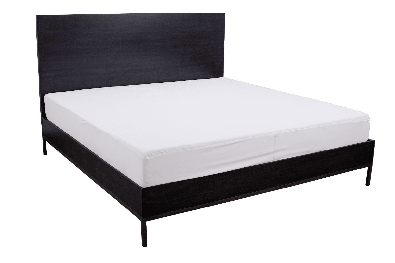 Modern black wooden bed frame with white mattress.