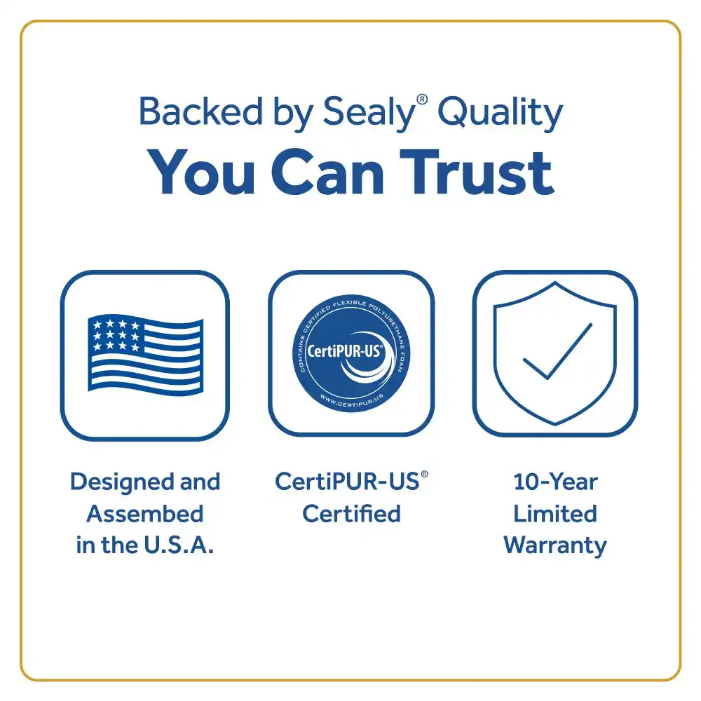 Sealy mattress ad with US flag, CertiPUR-US certification, warranty.