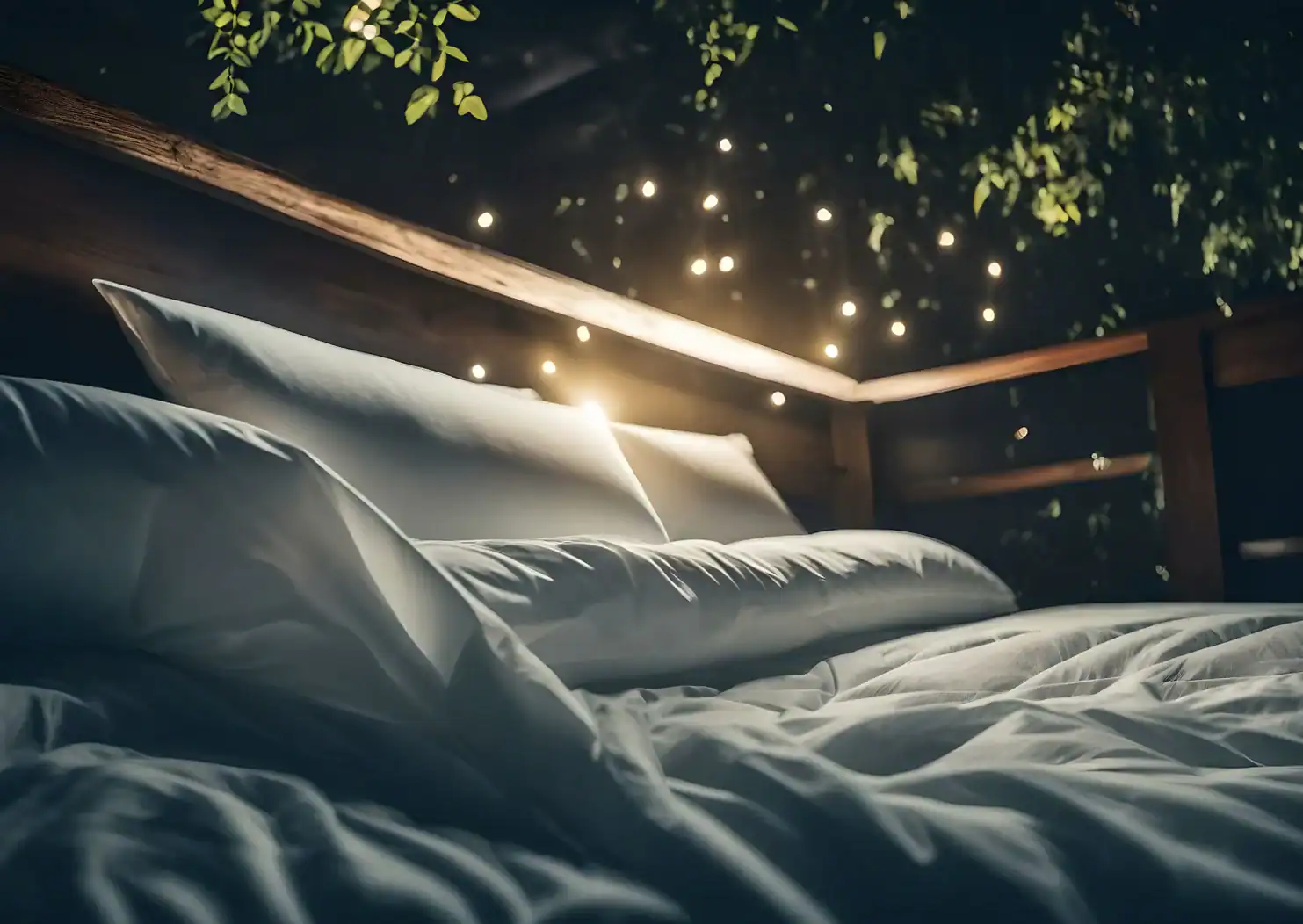 A cozy Puffy LUX mattress under a canopy of twinkling fairy lights, inviting peaceful slumber beneath a night-sky illusion.