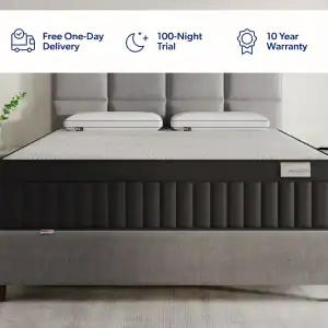 Image of a modern bedroom featuring a grey upholstered bed with a sleek, black NXT 2000 Firm Euro Top mattress. Two white pillows are arranged neatly on the bed. Icons at the top highlight benefits: free one-day delivery, 100-night trial, and a 10-year warranty.