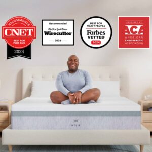 A person sits cross-legged and smiling on a bed with the HELIX Plus Mattress in a modern bedroom featuring wooden furniture. Logos for CNET, Wirecutter, Forbes Vetted, and ACA awards are above. A banner announces "New Year Sale: 25% Off Everything & FREE Dream Pillow Set.