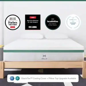 A HELIX TWILIGHT mattress set on a wooden bed frame in a bright room, showcasing accolades from Forbes, Sleep Foundation, and Healthline for being an excellent choice for side sleepers.