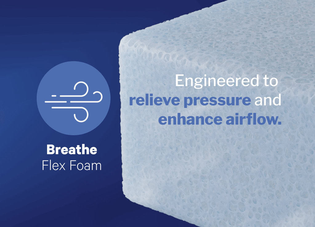 Image of a porous, light blue foam material labeled "One" with text stating "engineered to relieve pressure and enhance airflow" against a deep blue background.