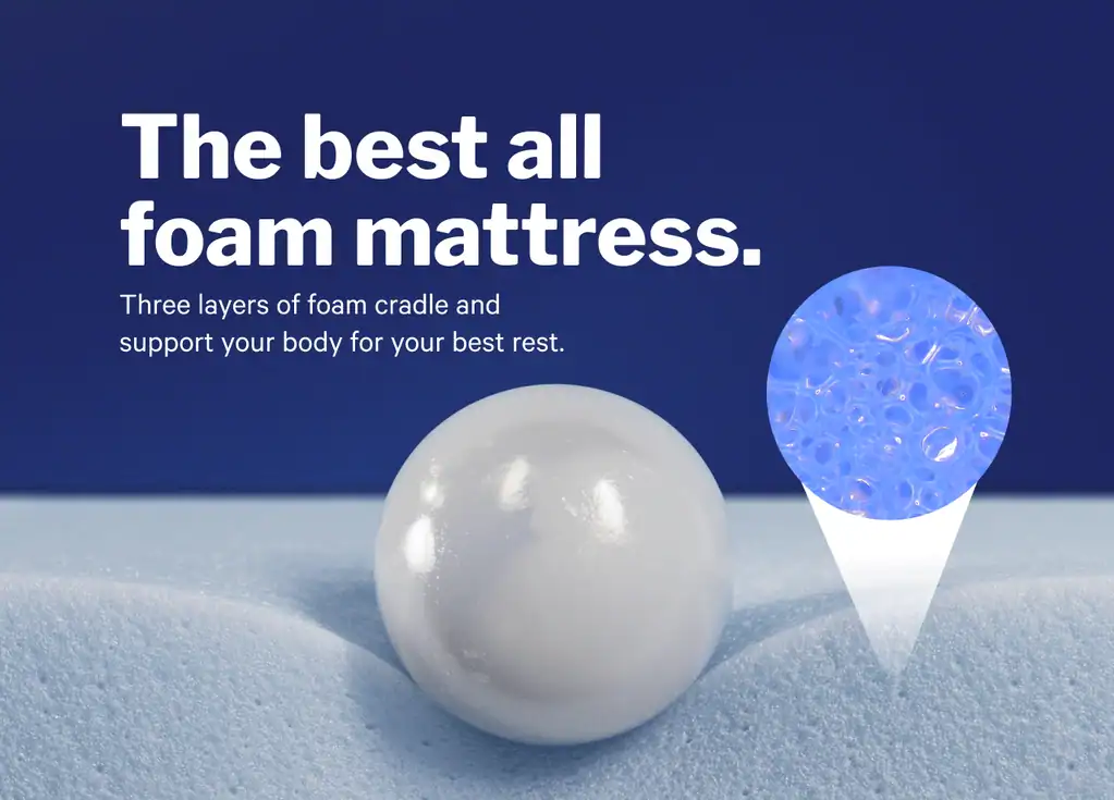 Advertisement for the One foam mattress featuring a white ball demonstrating the mattress material, with text "the best all foam mattress," illustrating how it provides unmatched comfort and support. The detailed view of the foam's texture