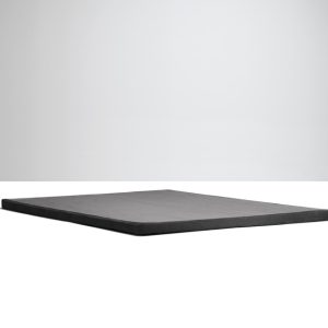 A sleek, black Tempur-Pedic Charcoal Box Spring Foundation lies flat against a white surface, angled in a three-quarter view. The minimalist and stylish foundation with clean lines and a thin profile is reminiscent of Tempur-Pedic quality, set against a neutral light gray background.