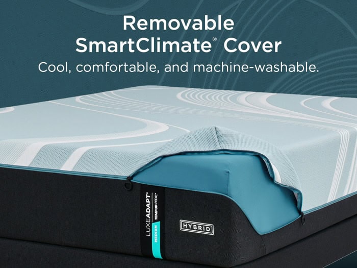 A close-up of a Tempur-Pedic TEMPUR-LuxeAdapt® 13" Medium Hybrid Mattress partially unzipped to reveal its inner layers. The image highlights features such as the removable SmartClimate cover, which is labeled as cool, comfortable, and machine-washable.