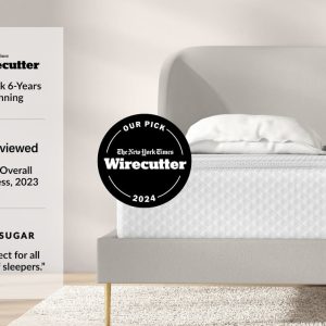 Image of a modern, minimalist bed with a neatly made mattress. A Wirecutter badge displays "Top Pick 6-Years Running" and "Our Pick 2024." Next to it, Popsugar's review says the Leesa Sapira Hybrid Mattress is "perfect for all types of sleepers." Text indicates it's the Best Overall Mattress of 2023.