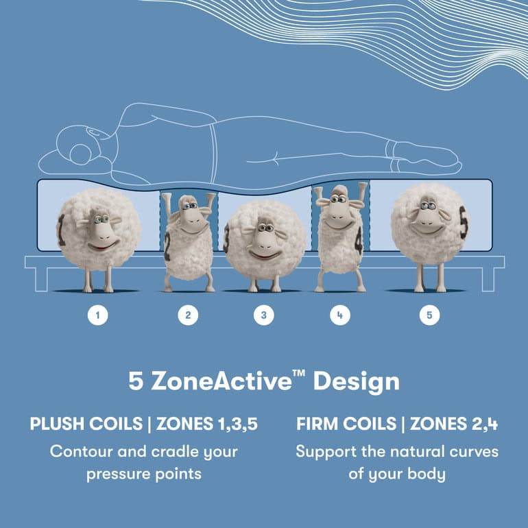 A diagram of the Serta Perfect Sleeper X Mattress: Prescott Medium Firm featuring five sheep numbered 1 to 5. Above the sheep, a person is depicted lying flat on the medium firm mattress. Labels highlight "Plush Coils" in Zones 1, 3, and 5 for contouring pressure points and "Firm Coils" in Zones 2 and 4 for supporting body curves.