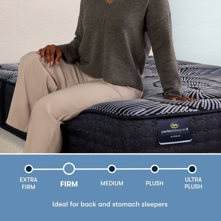 A person wearing a grey sweater and light-colored pants is sitting on a mattress. The label reads "Serta Perfect Sleeper X Hybrid Mattress: Aspen Firm." A scale below indicates the firmness level as medium, with text stating, "Ideal for back and stomach sleepers.
