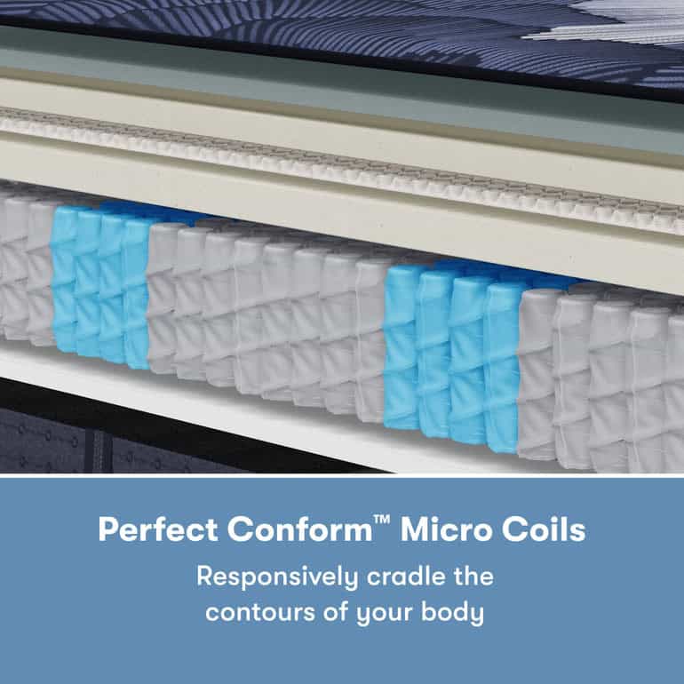 Cross-section of the Serta Perfect Sleeper X Mattress: Prescott Medium Firm, showcasing layers of blue and gray micro coils combined with foam layers. Text at the bottom reads, "Perfect Conform™ Micro Coils: Responsively cradle the contours of your body for a medium firm feel.