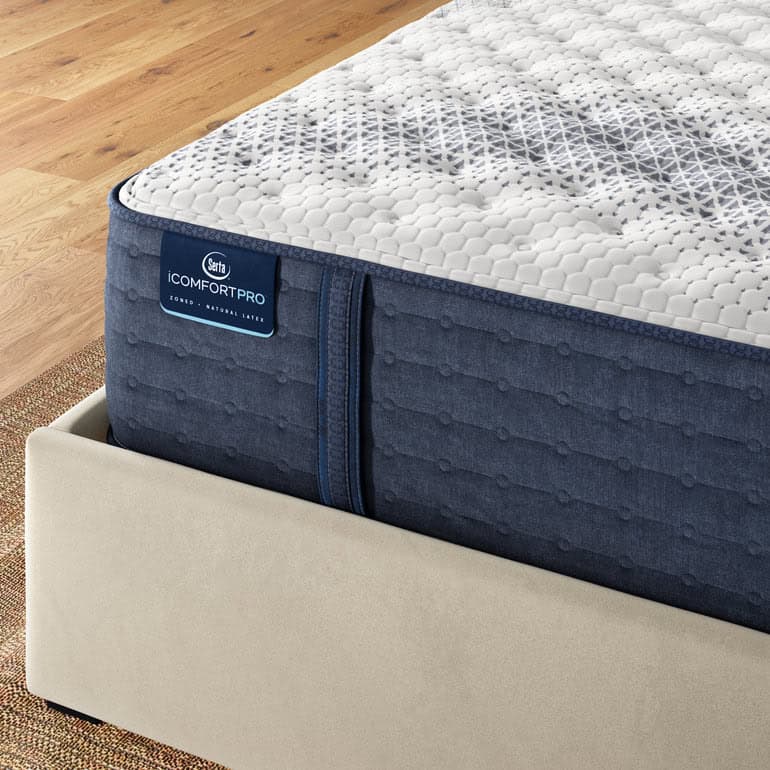 Close-up of a Serta iComfortPro Mattress: Kingston Firm resting on a beige bed frame. The mattress features a white and dark blue patterned top surface with textured fabric and a quilted dark blue side panel. Visible in the background are a wooden floor and a portion of an area rug, enhancing the Kingston aesthetic.