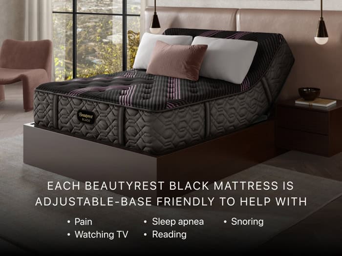 A modern bedroom features a Beautyrest Black® Series Three 15.25" medium mattress on an adjustable base. The mattress is propped up at an angle, and the room is elegantly furnished with a bed, nightstands, and a chair. There is text detailing the mattress's benefits for pain relief, sleep apnea, snoring reduction, watching TV, and reading.