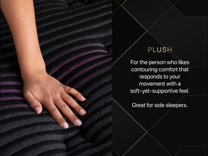 A hand pressing down on a plush Beautyrest Black® Series Three 15.25" Medium Mattress with black and purple stripes. The text beside the image reads, "For the person who likes contouring comfort that responds to your movement with a soft-yet-supportive feel. Great for side sleepers." Perfect medium mattress choice.