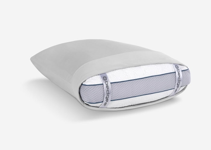 A Hyper-Cotton Sheet Set featuring a rectangular pillow with a dual-layer design, showcasing a gray cover partially removed to reveal a white cushioned inner layer with a blue mesh border labeled "bedgear." The pillow, an ideal addition to any bedding ensemble, is placed on a clean, white background.