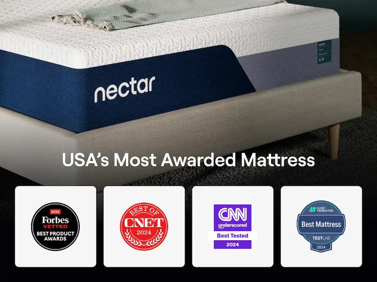 A Nectar Premier Memory Foam Mattress rests on a bed frame, showcased as "USA’s Most Awarded Mattress," alongside four 2024 award badges from Forbes, CNET, CNN, and Best Mattress.