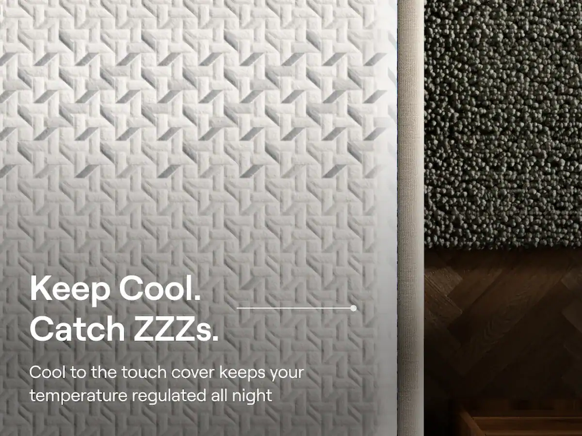 A close-up of the Nectar Premier Memory Foam Mattress, with its textured geometric pattern, is set beside a dark woven rug on a wooden floor. The text reads, "Keep Cool. Catch ZZZs." This mattress boasts a cool-to-the-touch cover that regulates your temperature throughout the night.