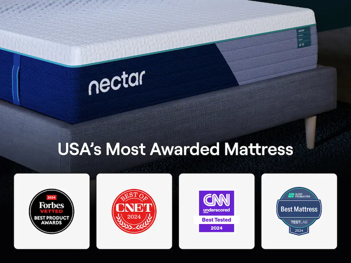 The image features a Nectar Premier Hybrid Mattress, highlighted as "USA's Most Awarded Mattress," alongside four badges: Forbes Vetted 2024, CNET Best Of 2024, CNN Underscored Best Tested 2024, and Mattress Advisor Best Mattress Test 2024.