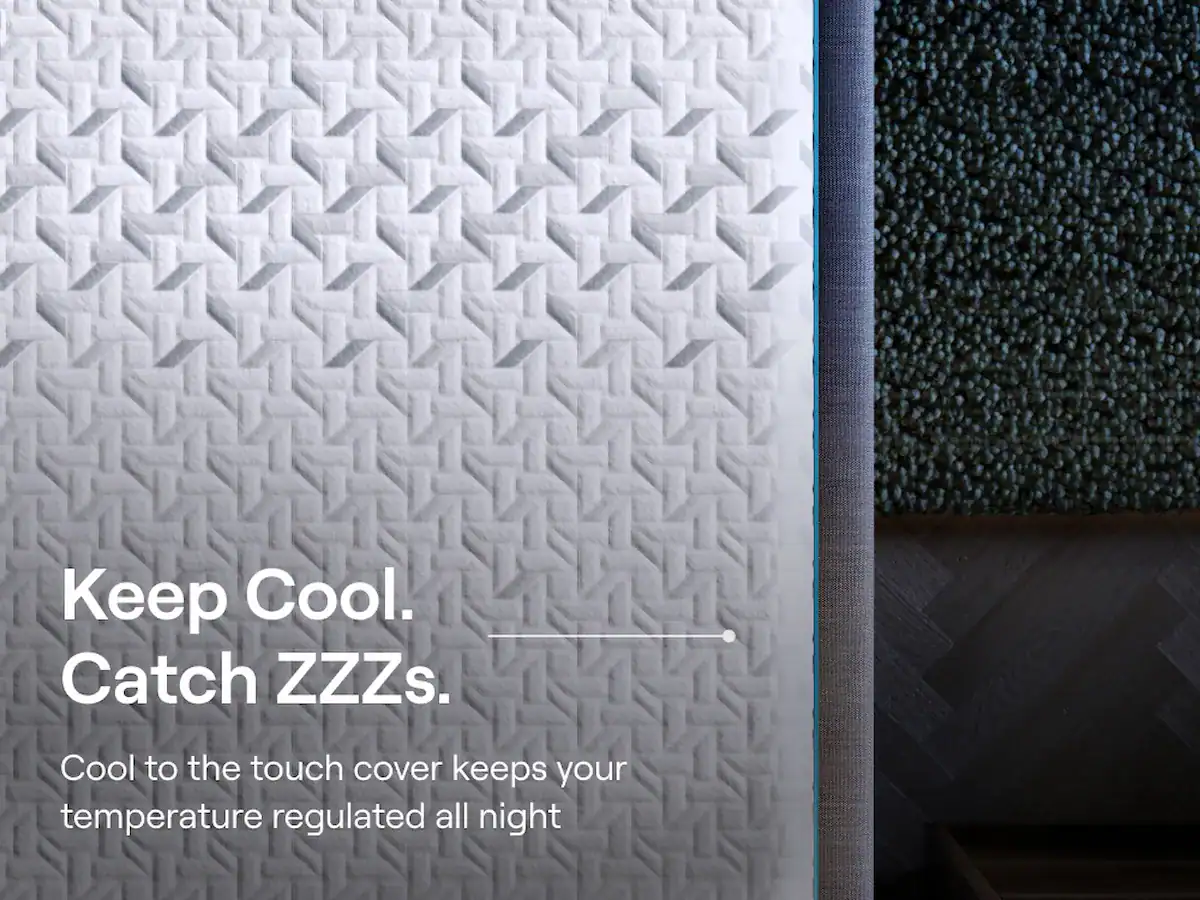 Close-up of the Nectar Premier Hybrid Mattress with a geometric texture. Text reads: "Keep Cool. Catch ZZZs." Its cool-to-touch cover regulates your temperature all night, set against a dark, textured background.