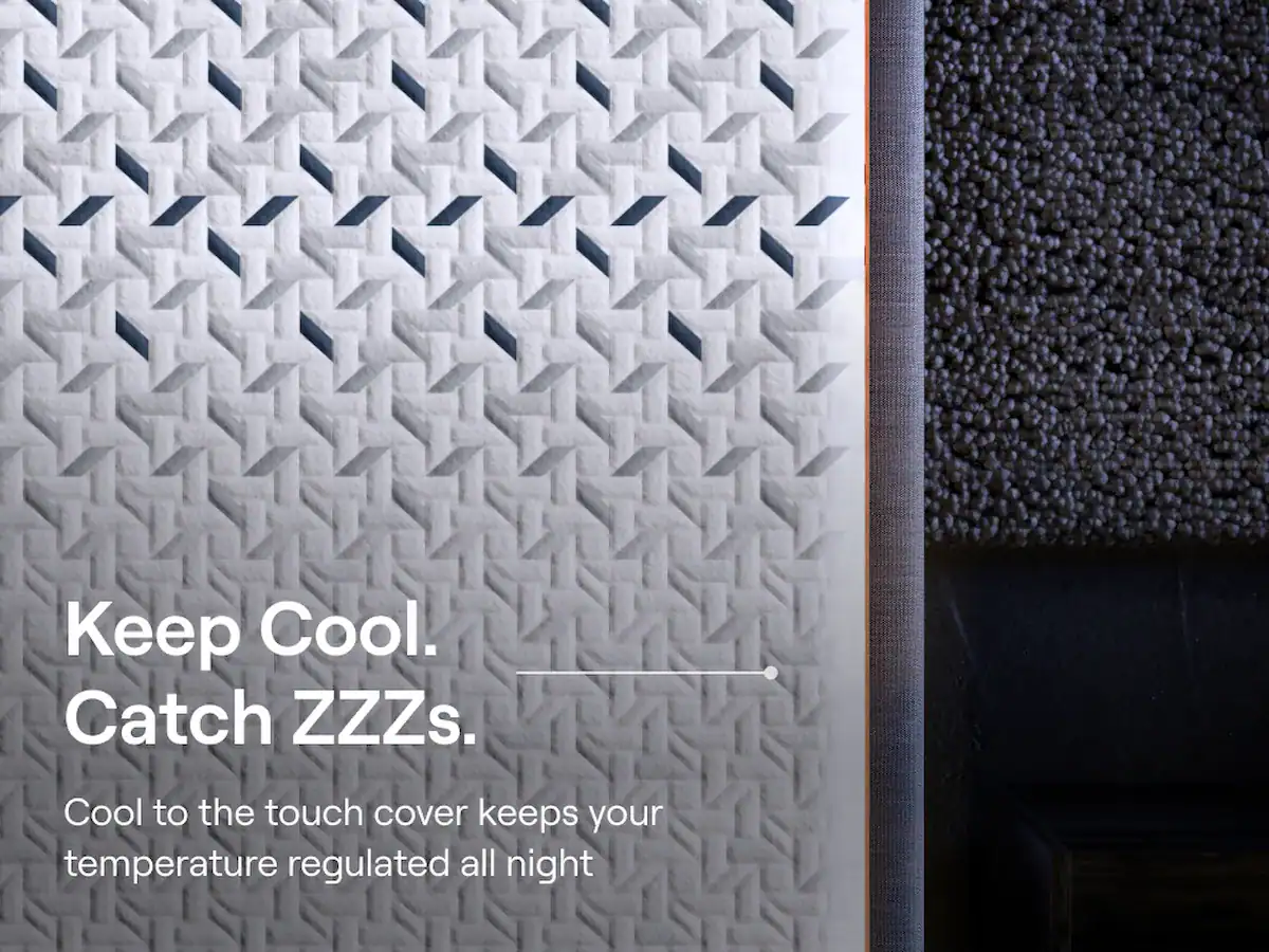 Close-up of a Nectar Ultra Memory Foam Mattress with a white and gray geometric patterned cover. Text reads, "Keep Cool. Catch ZZZs. Ultra cool to the touch cover keeps your temperature regulated all night." A textured dark surface is partially visible on the right.