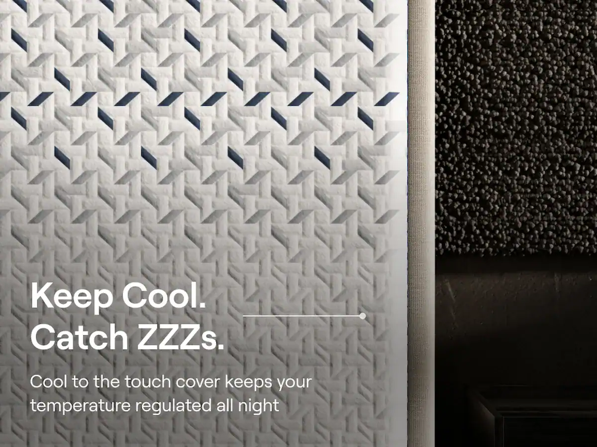A close-up of the Nectar Ultra Memory Foam Mattress highlights its textured surface with blue and white arrow patterns. The image text says, "Keep Cool. Catch ZZZs." Its cool-to-the-touch cover and ultra memory foam ensure temperature regulation throughout the night.