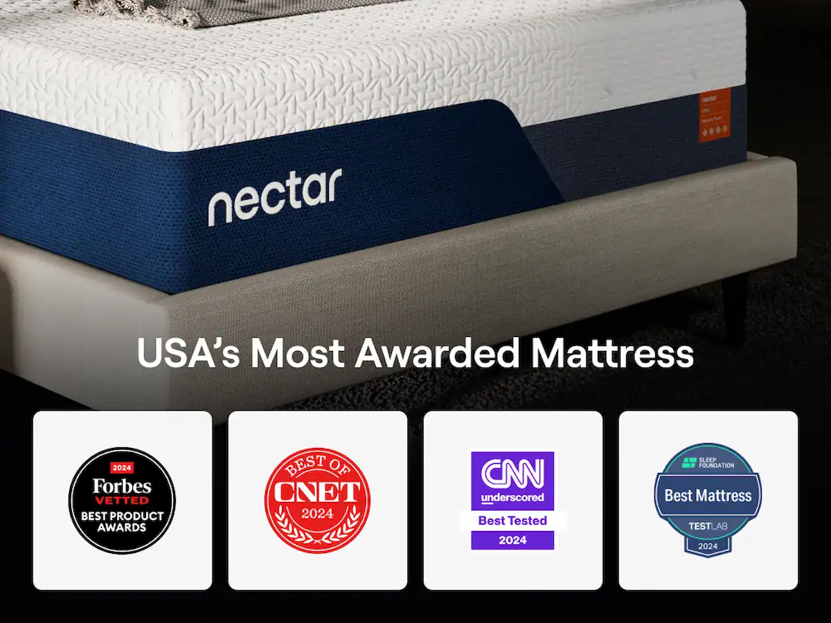 Close-up of a Nectar Luxe Memory Foam Mattress on a bed frame with the text "USA's Most Awarded Mattress." Below are four award badges: Forbes Vetted 2024, Best of CNET 2024, CNN Underscored Best Tested 2024, and Best Mattress Test Lab 2024.