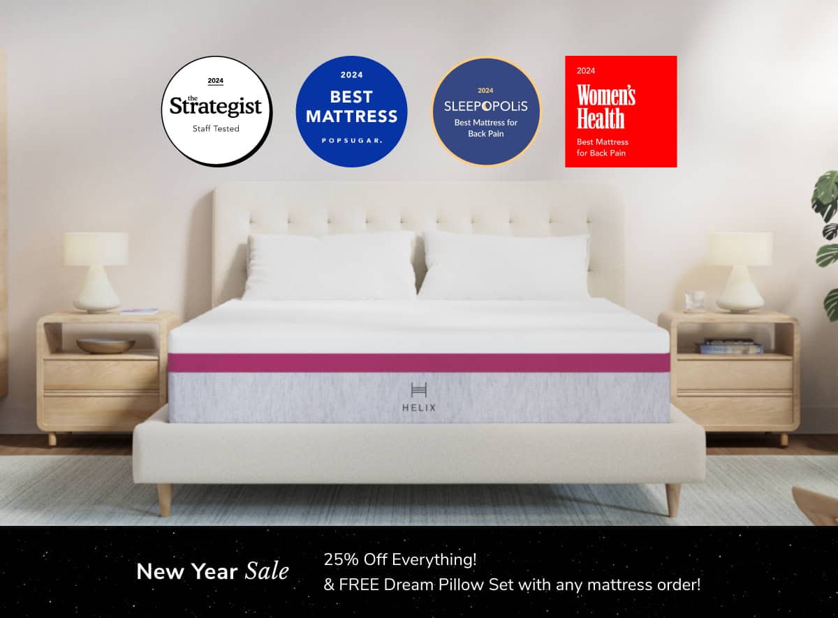 A contemporary bedroom features a well-organized bed with the Helix Dusk Mattress. Three awards above highlight its excellence. Get 25% off and a free Dream Pillow Set with any mattress order.