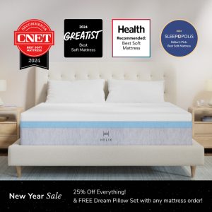 A luxurious bedroom showcases a Helix Dusk Luxe Mattress on a sleek upholstered bed, framed by wooden nightstands. Awarded "Best Soft Mattress" by CNET, Greatest, Health, and Sleepopolis. Features a New Year sale with discounts and complimentary pillow set.