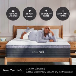 In a cozy bedroom, someone smiles while enjoying the HELIX Plus Mattress (Copy). Features like "Popular Upgrade," "15 Year Warranty," "Durability Tested," and "Ultra-Dense Foams" are highlighted above. A banner announces a New Year sale with 25% off.