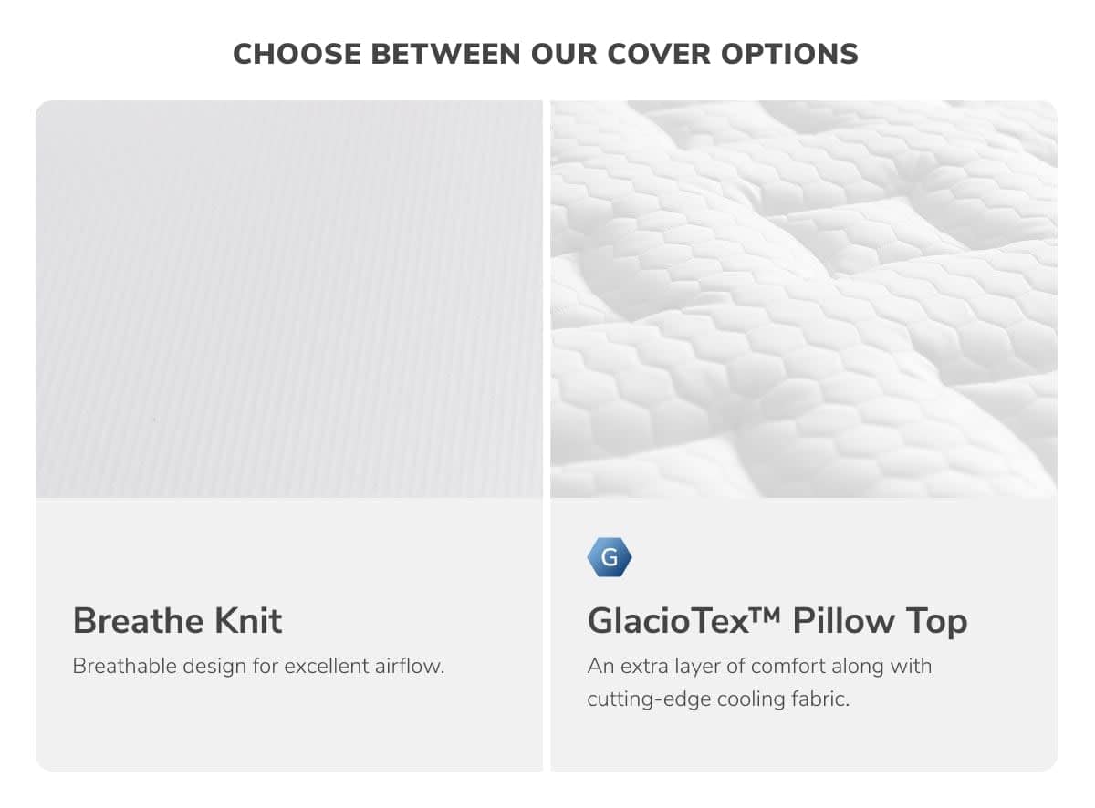 Experience the ultimate in sleep with Helix Dusk Luxe Mattress options. The "Breathe Knit" cover offers a breathable surface, and the "GlacioTex™ Pillow Top" ensures cooling comfort, making these perfect for a restful night.