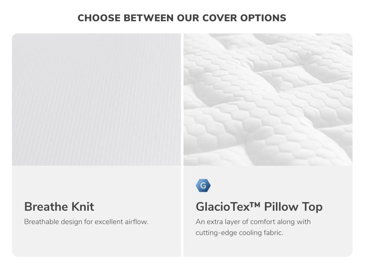 Compare the "Breathe Knit," offering a smooth texture for airflow, with the "GlacioTex™ Pillow Top," featuring a quilted pattern for comfort and cooling, both available in the Helix Dusk Luxe Mattress (Copy).