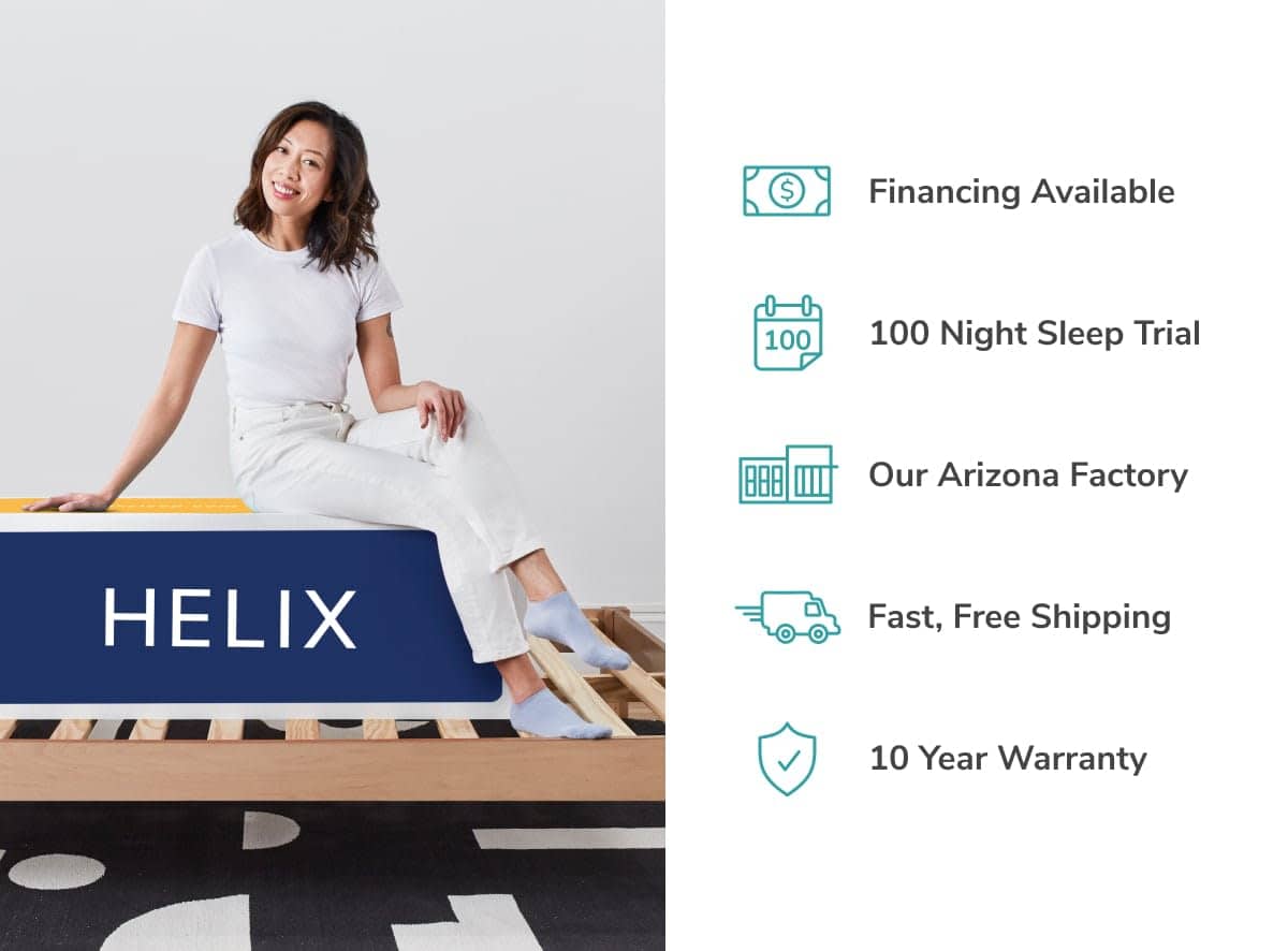 A woman in white sits on a Helix Dusk Luxe mattress with a wooden frame. Icons and text to the right emphasize features: Financing Available, 100 Night Sleep Trial, Made in Our Arizona Factory, Fast Free Shipping, and a 10-Year Warranty.