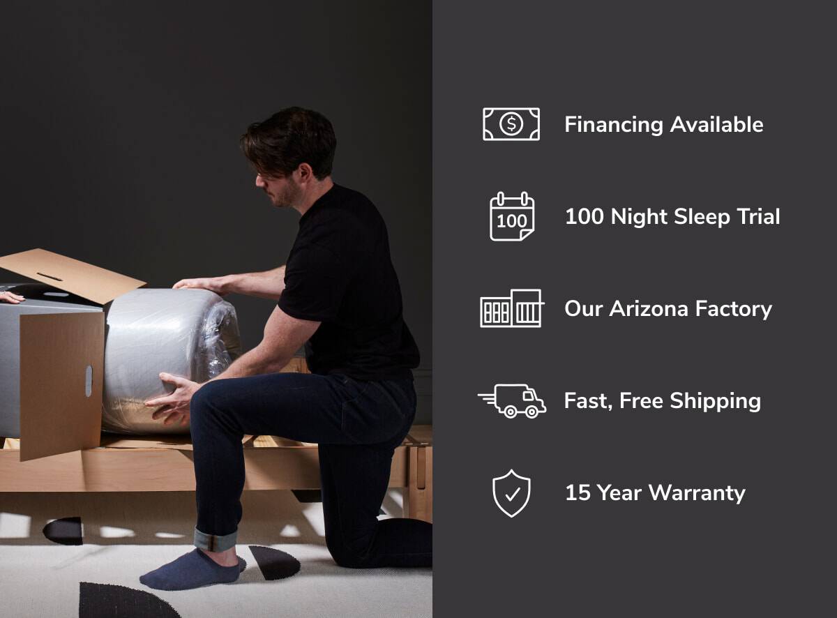 A person unboxes a Helix Dusk Luxe mattress on a bed frame. Text highlights features: Financing Available, 100-Night Sleep Trial from Helix, Made in Our Arizona Factory, Fast & Free Shipping, and 15-Year Warranty with corresponding icons.