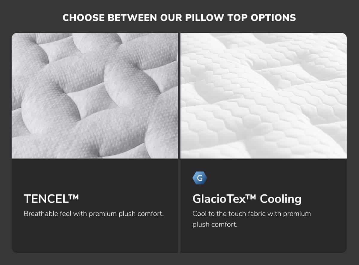 Two pillow top options for the HELIX Plus Mattress: TENCEL™ with breathable feel and premium plush comfort, and GlacioTex™ Cooling with cool touch fabric and premium plush comfort.