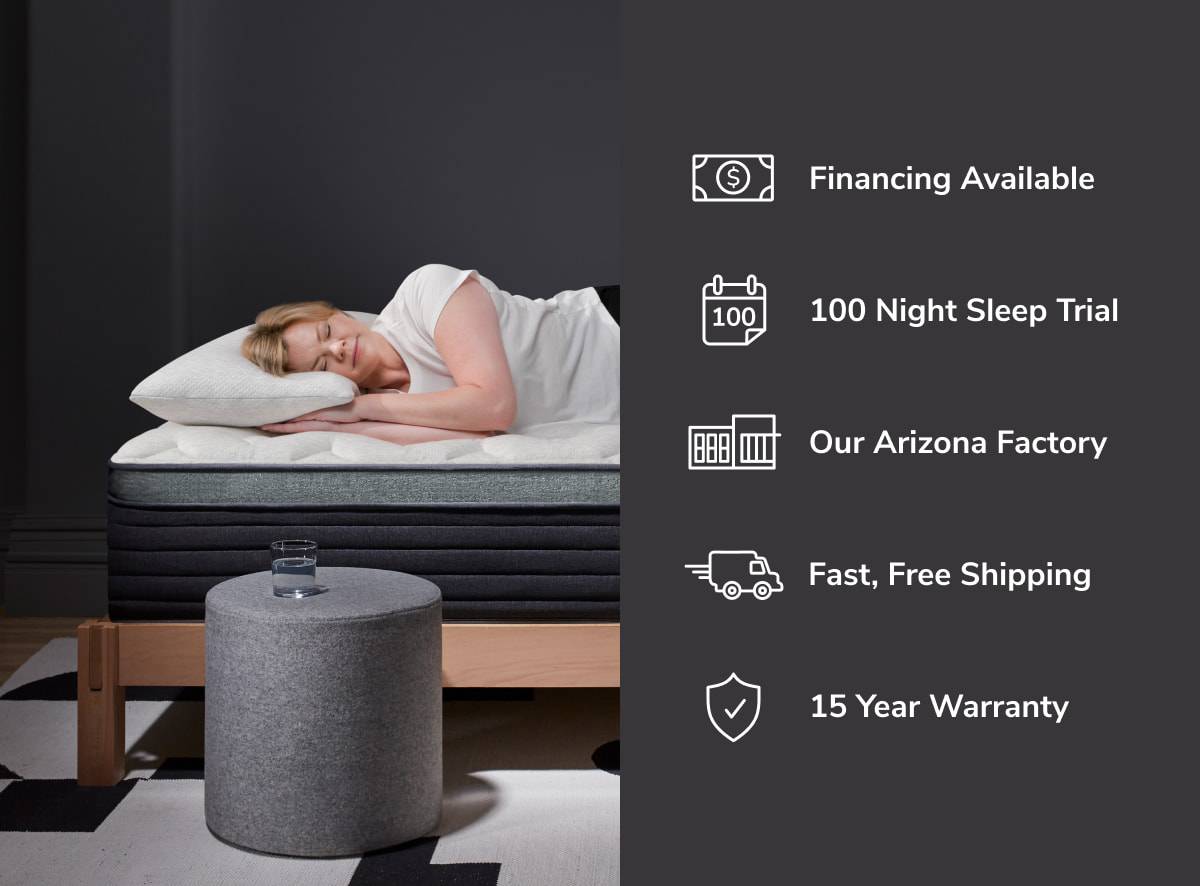 A woman sleeps comfortably on a HELIX Plus Mattress in a dim room. A gray stool beside her holds a glass of water. Highlights: financing, 100-night trial, made in an Arizona factory, free shipping, and a 15-year warranty.
