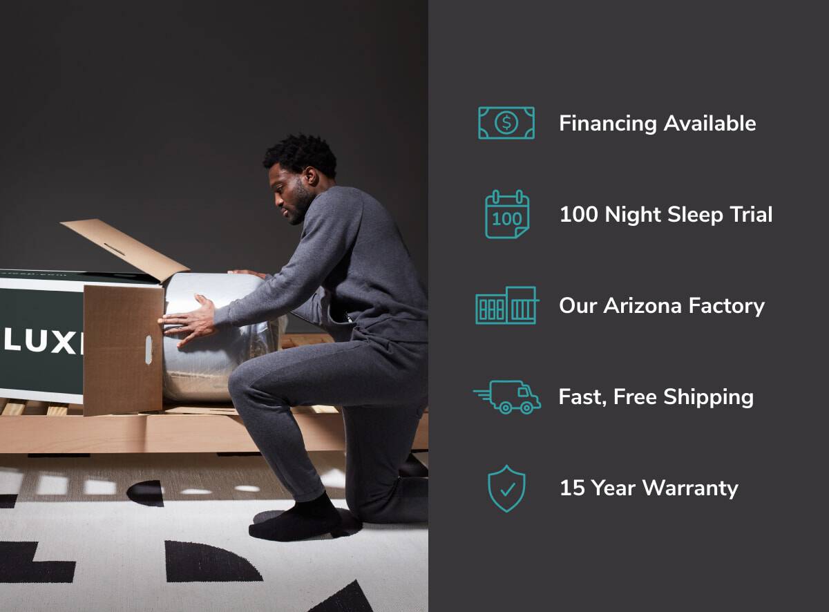 In a dimly lit room, someone in a gray outfit unpacks a Helix Sunset Luxe Mattress. The box highlights benefits: financing, 100-night trial, made in Arizona factory, free shipping, and a 15-year warranty—luxury revealed like a serene sunset.