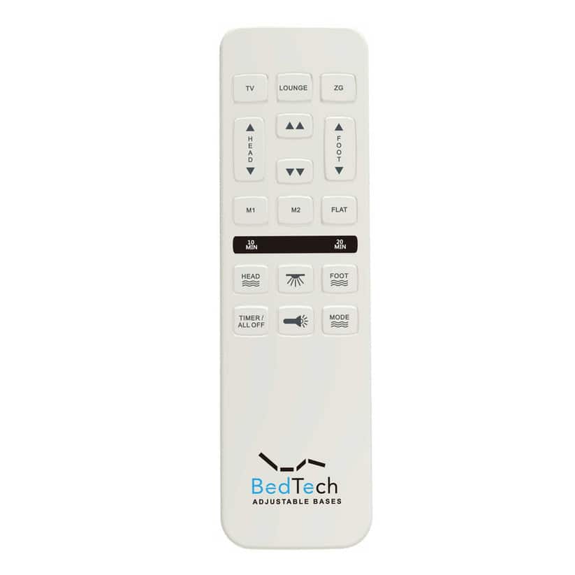 A white remote for the Bed Tech 6500 Adjustable Base includes buttons for TV, lounge, head/foot adjustments, memory (M1, M2, Flat), massage options, timer, and mode selection.