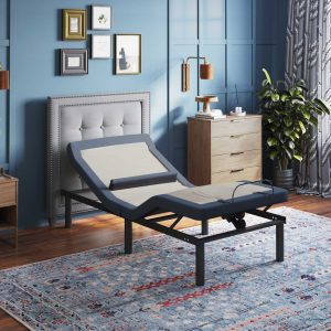 A modern bedroom with blue walls and a patterned rug showcases a Bed Tech 6500 Adjustable Base at its center. The room features a tufted headboard, wooden dresser with potted plants, framed art, and an elegant curtain.