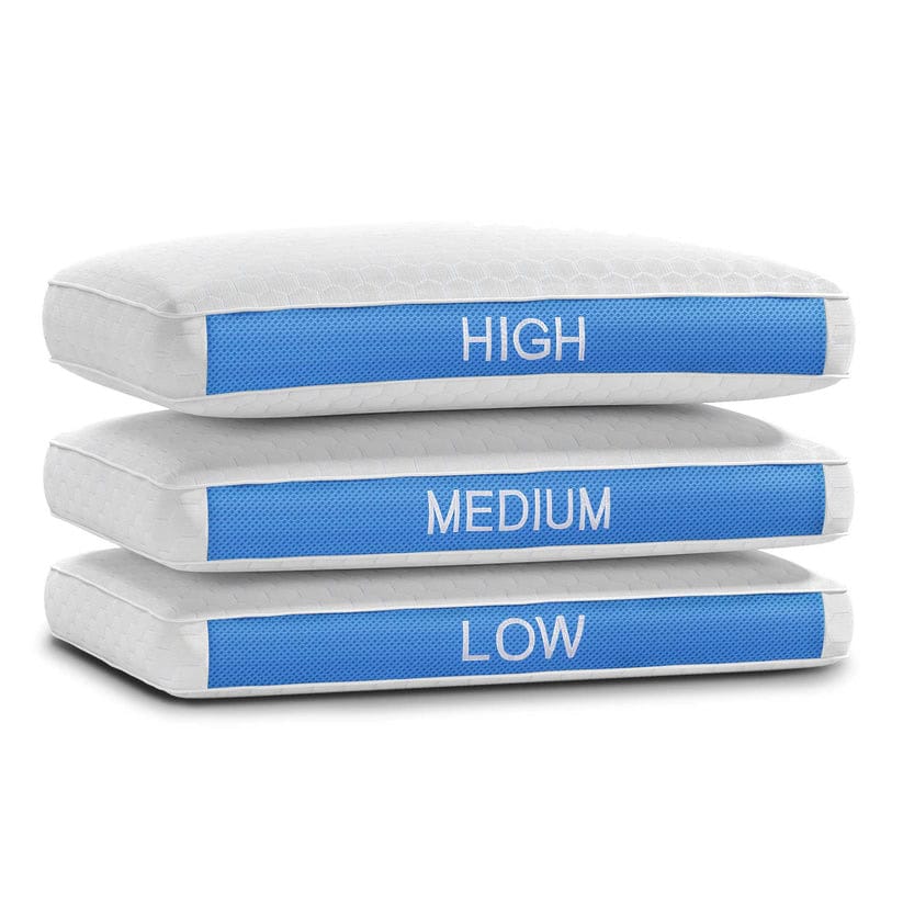 Three stacked Blue Ice™ Cool Tech Pillows labeled "HIGH," "MEDIUM," and "LOW" feature white text on blue bands. They are rectangular, have a white quilted texture, and provide an advanced cooling experience.