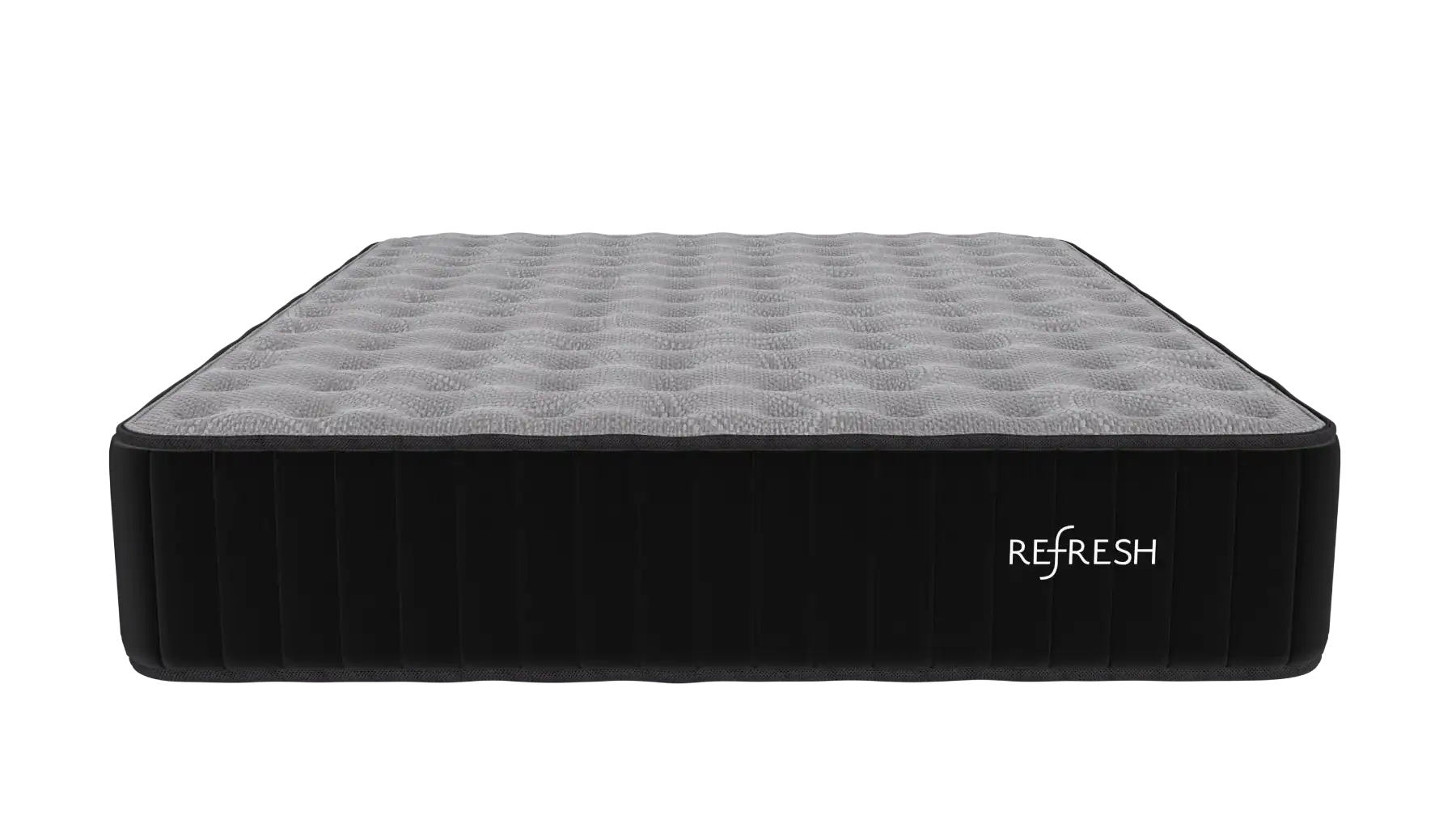 A mattress with a textured, light gray top and black sides featuring the word "REFRESH" in white letters, viewed from the front against a plain background.