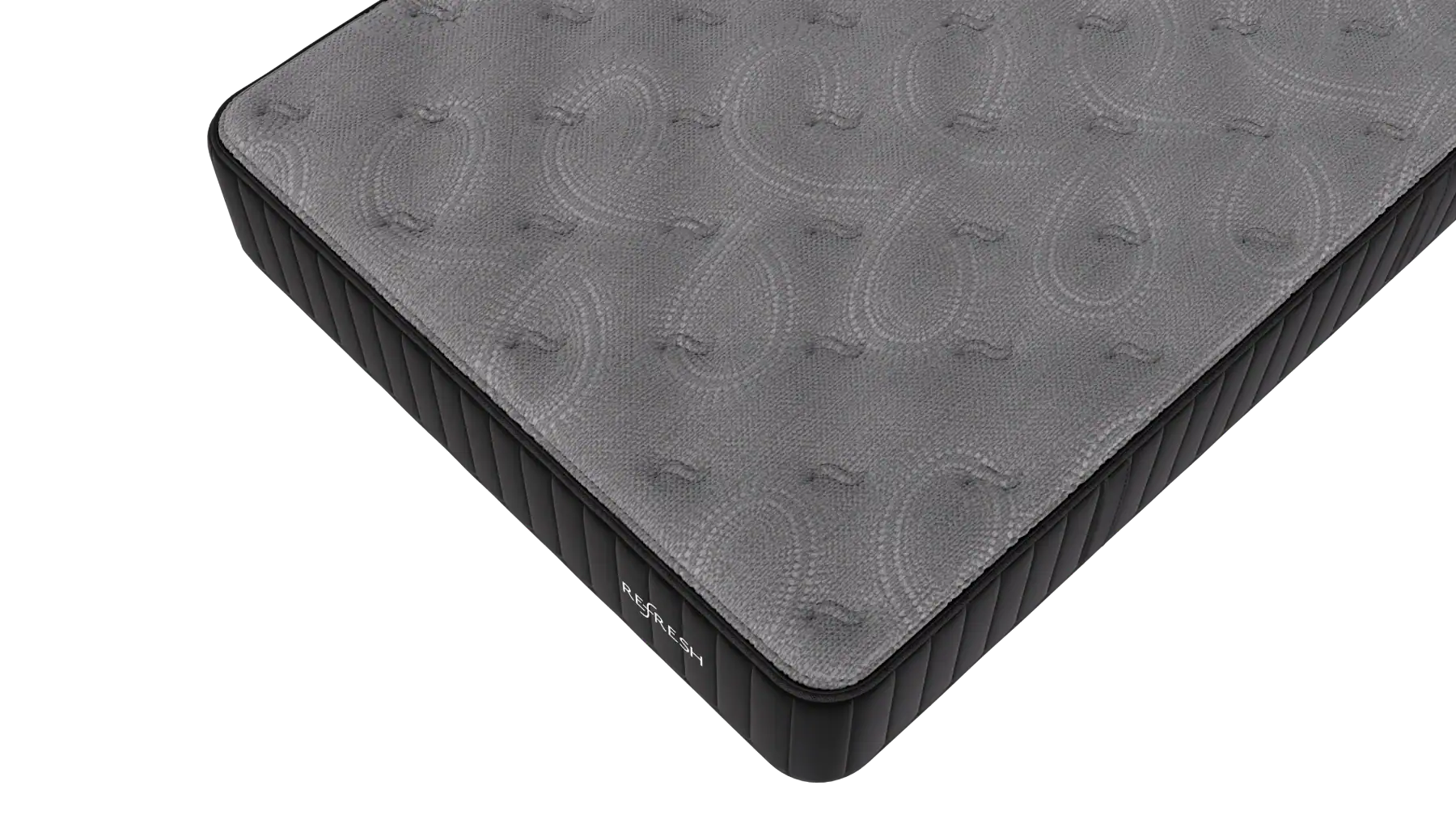 A close-up view of a gray mattress with a textured, patterned surface and dark, ribbed sides, set against a white background.