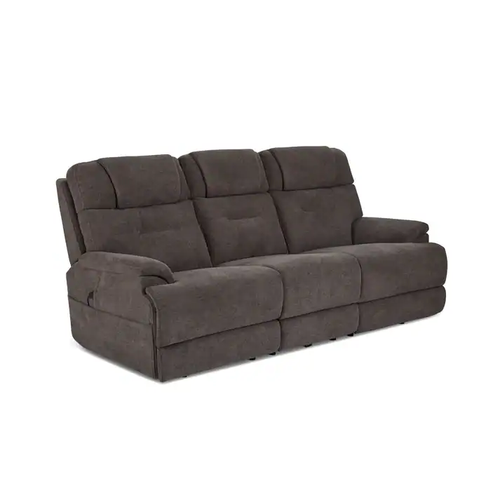 The Zofa Umber Power Sleep Sofa is a dark gray, three-seat sofa with padded armrests and backrests, upholstered in soft fabric and displayed against a white background.
