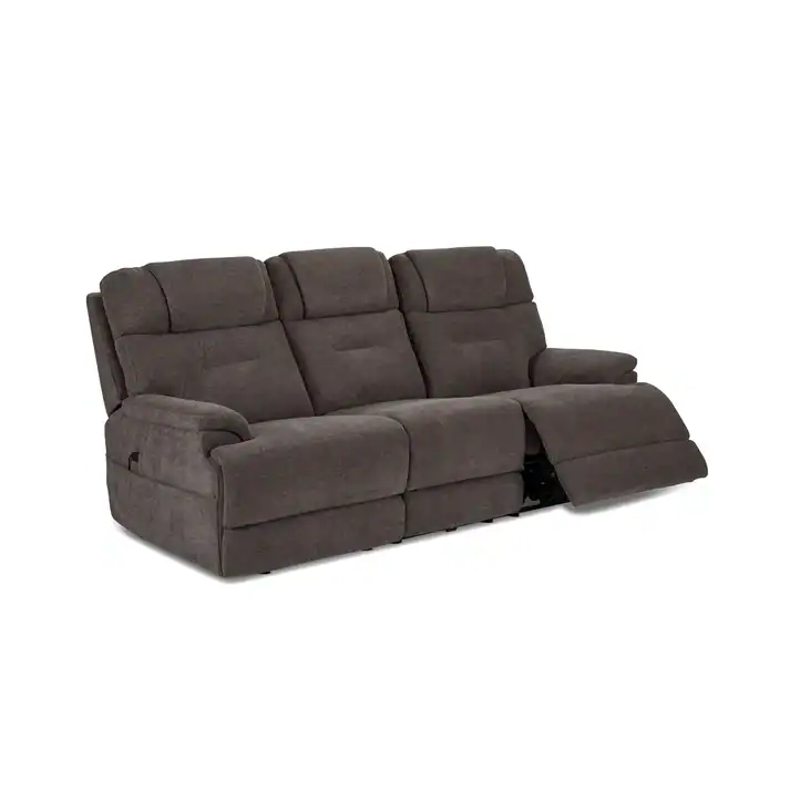 The Zofa Umber Power Sleep Sofa in dark gray features plush cushions and wide armrests, with the rightmost seat extended and its footrest raised for extra comfort.