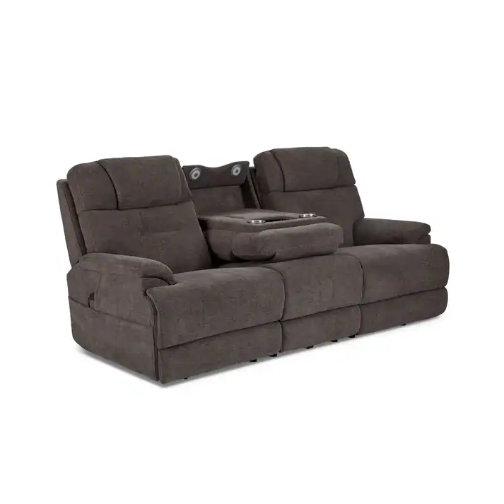 The Zofa Umber Power Sleep Sofa in dark gray seats three and features plush cushions. The center seat’s fold-down backrest reveals cup holders and speakers. Its soft, comfortable design is perfect for relaxing or napping.